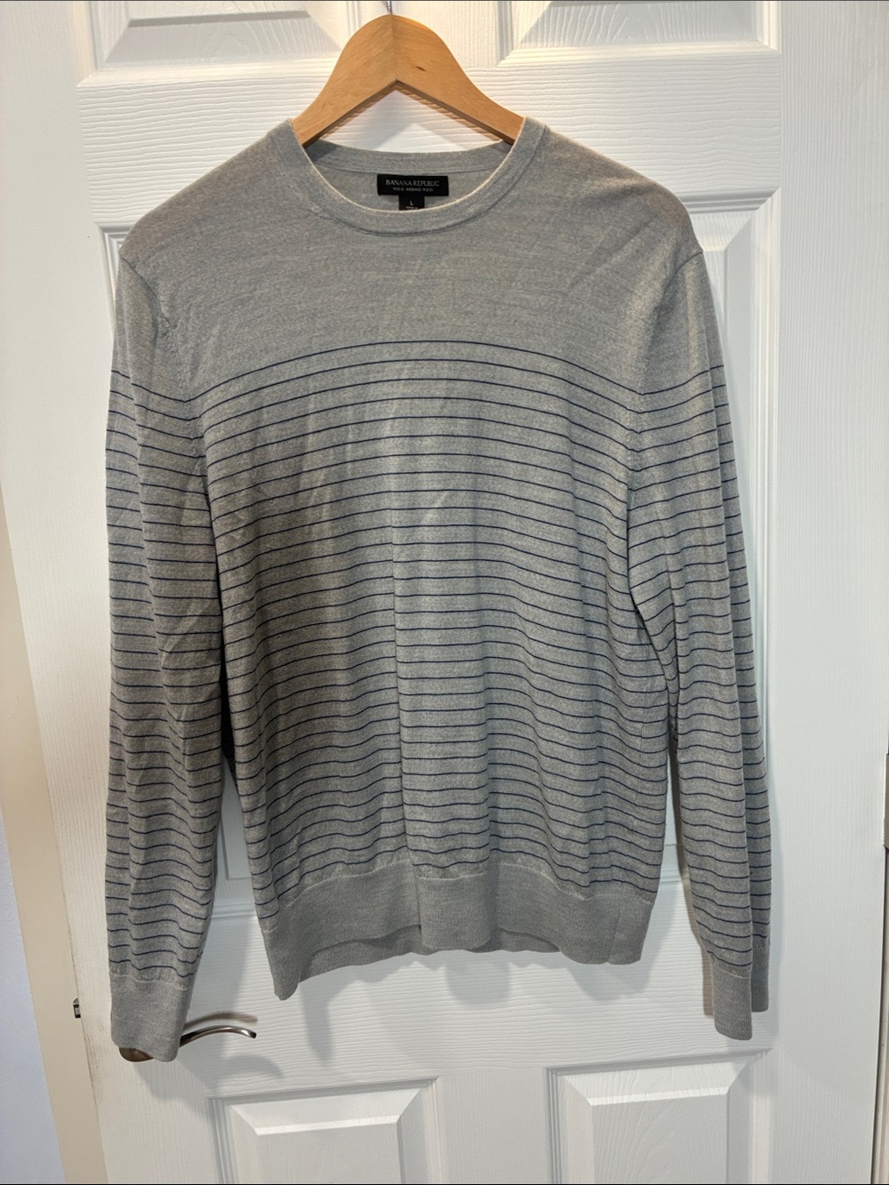Banana Republic Gray Crewneck Sweater with Navy Thin Stripes
